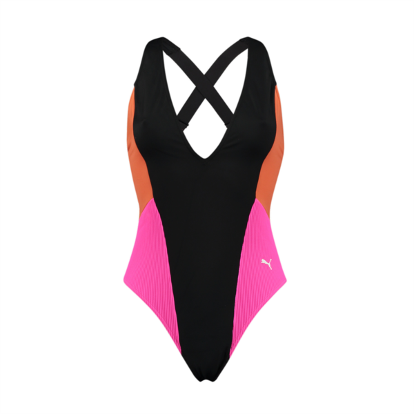 PUMA Swim Women's One Piece Plunge Swimsuit, black combo, large-MEX