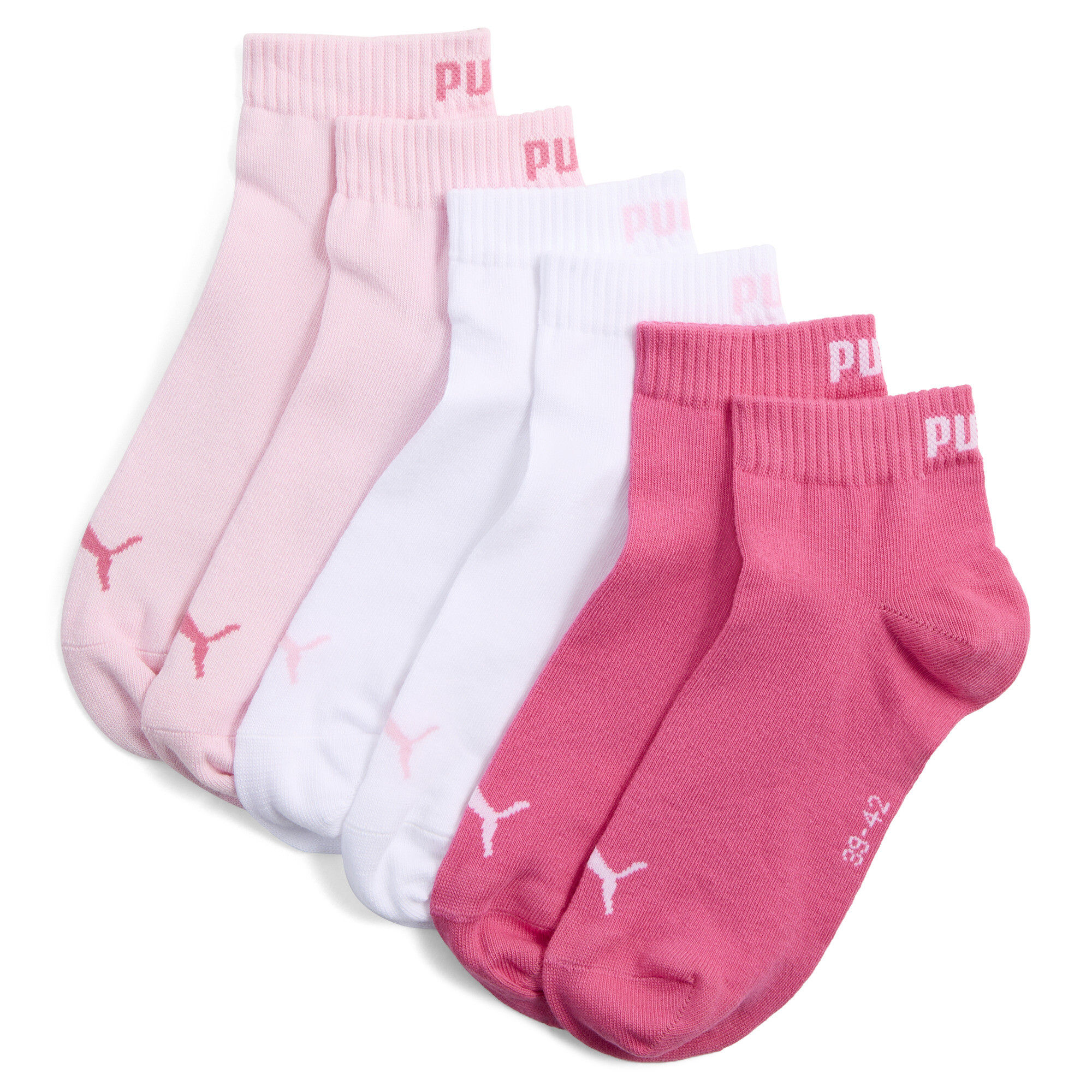 PUMA Uniseks quartersokken (set van 3 paar), Roze, Maat 39-42