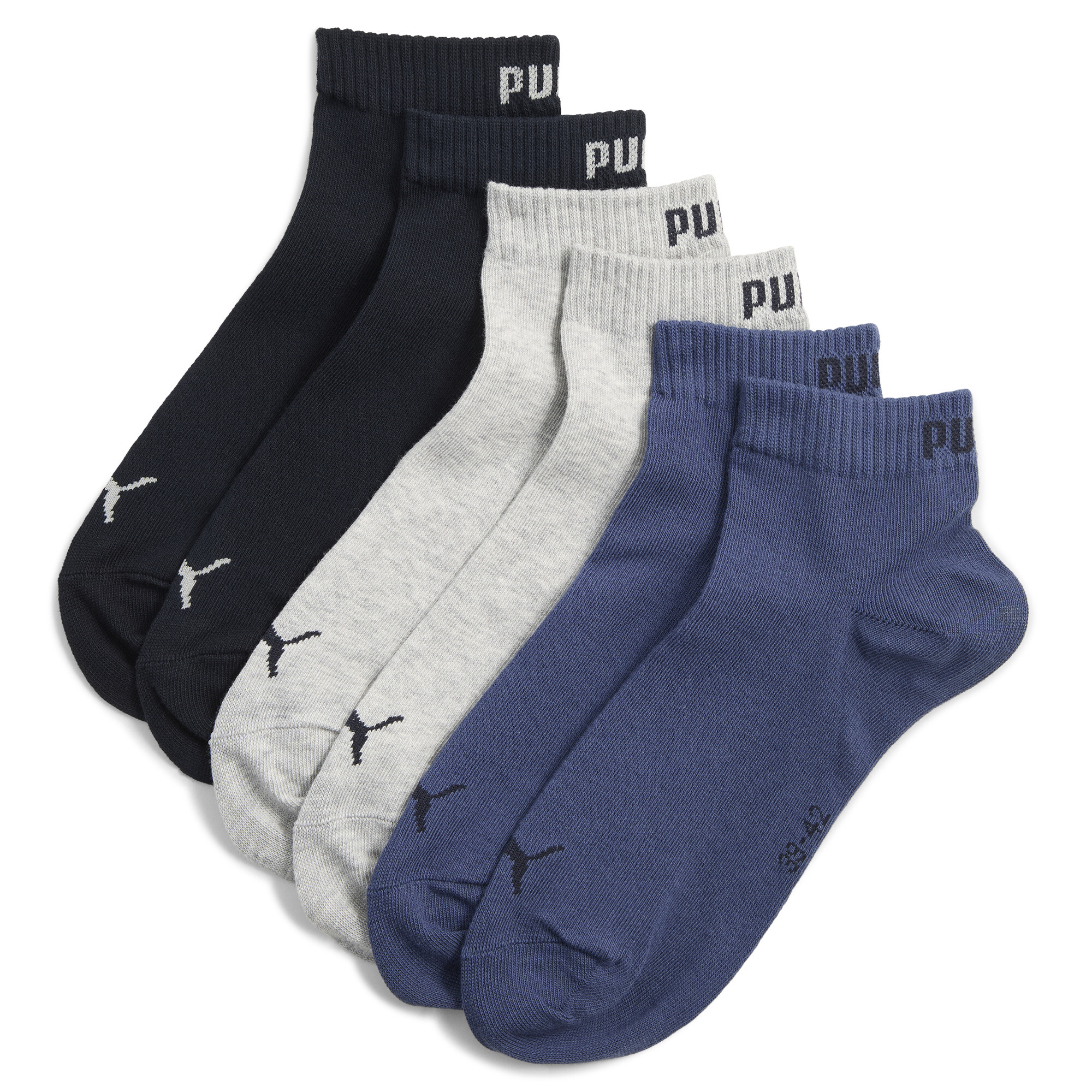 PUMA Uniseks quartersokken (set van 3 paar), Blauw/Grijs, Maat 43-46