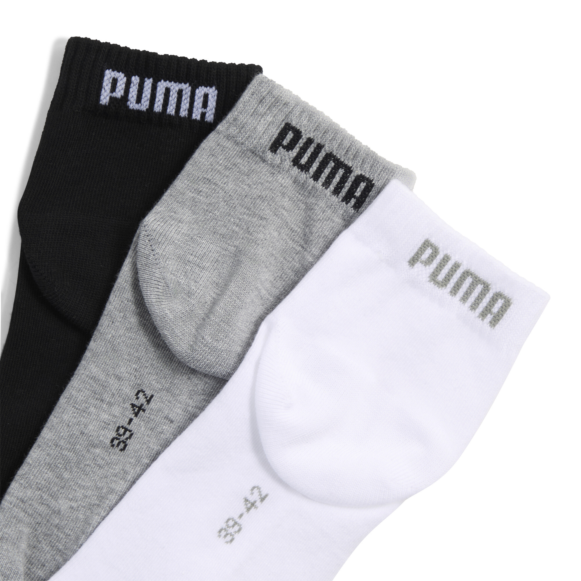 PUMA Uniseks quartersokken (set van 3 paar), Zwart/Grijs/Wit, Maat 43-46 thumbnail 2