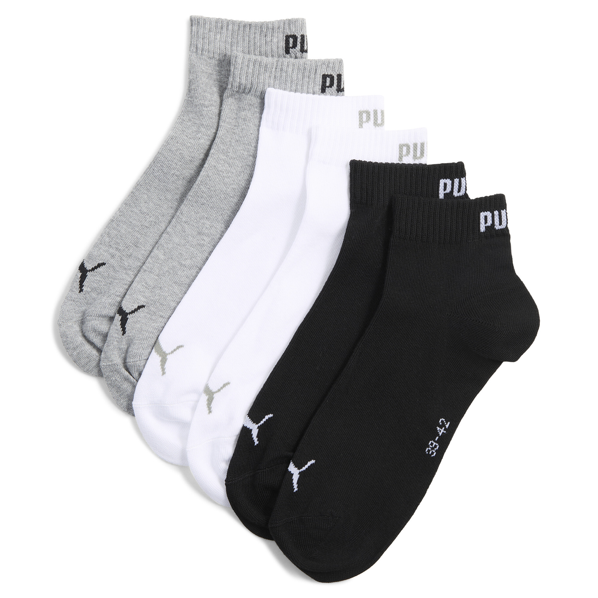 PUMA Uniseks quartersokken (set van 3 paar), Zwart/Grijs/Wit, Maat 43-46