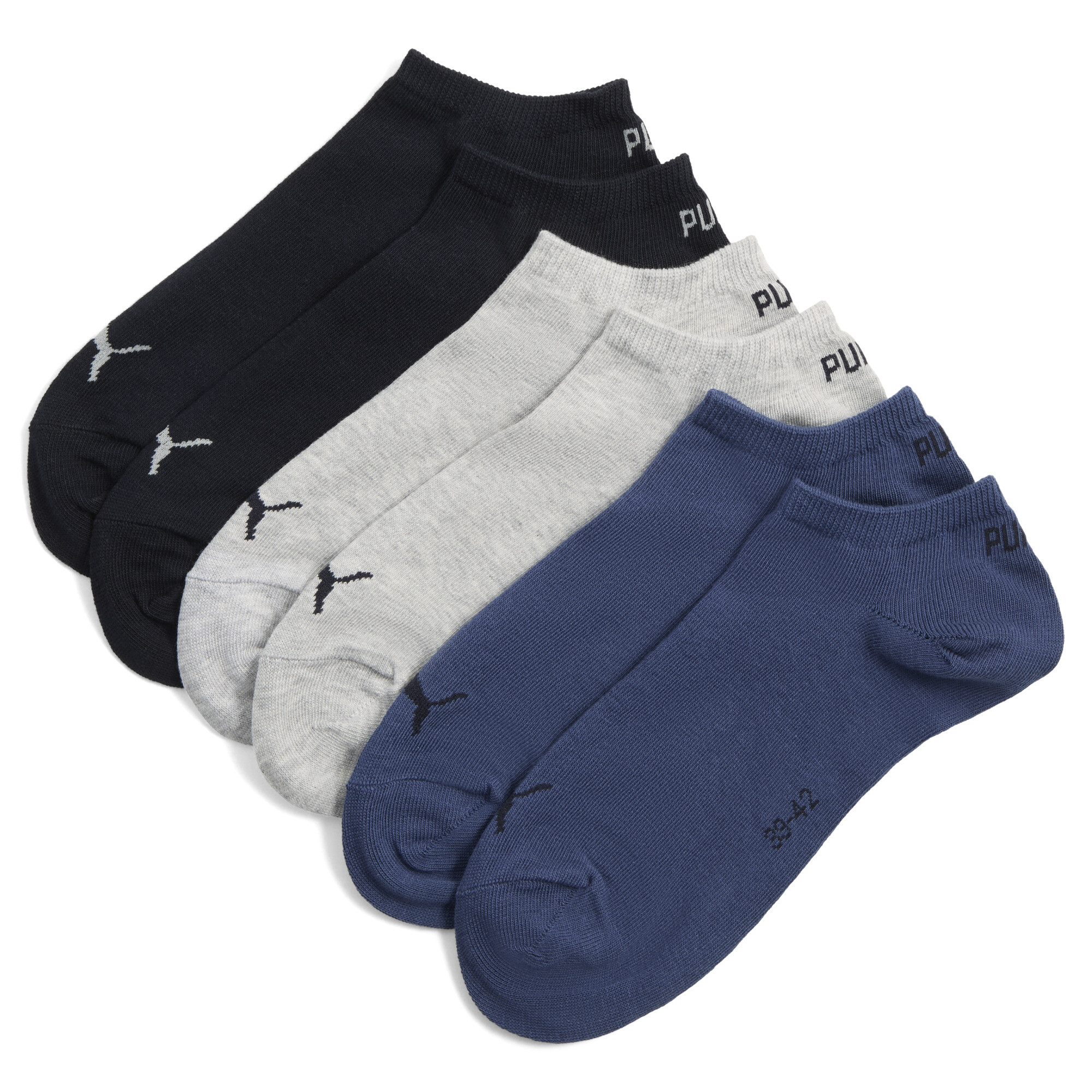 PUMA Uniseks sneakersokken (set van 3), Blauw/Grijs, Maat 35-38