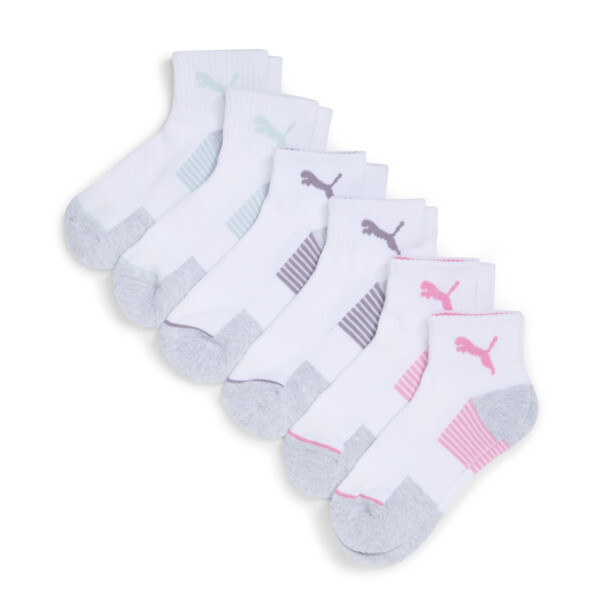 PUMA Women's Half-Terry Quarter Length Crew Socks (6 Pairs) in White/Pastel, Size 9-11