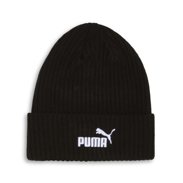 Puma Logo Ribbed Cuff Beanie Hat In Black