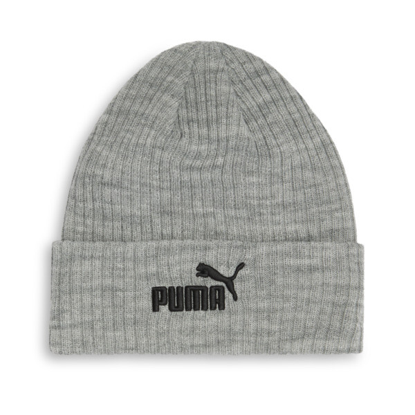Puma Logo Ribbed Cuff Beanie Hat In Grey/grey