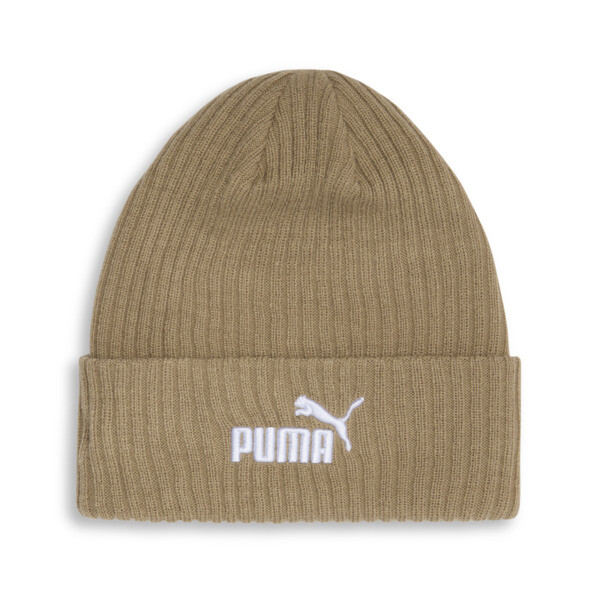 Puma Logo Ribbed Cuff Beanie Hat In Dark Beige