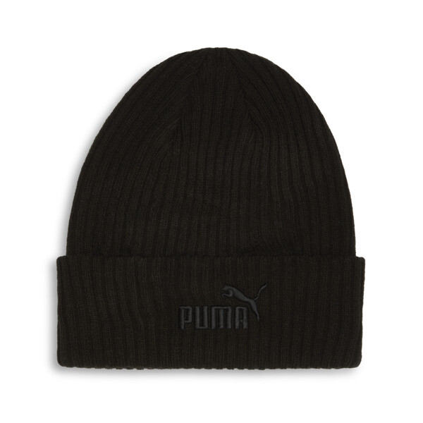 Puma Logo Ribbed Cuff Beanie Hat In Black Traditional