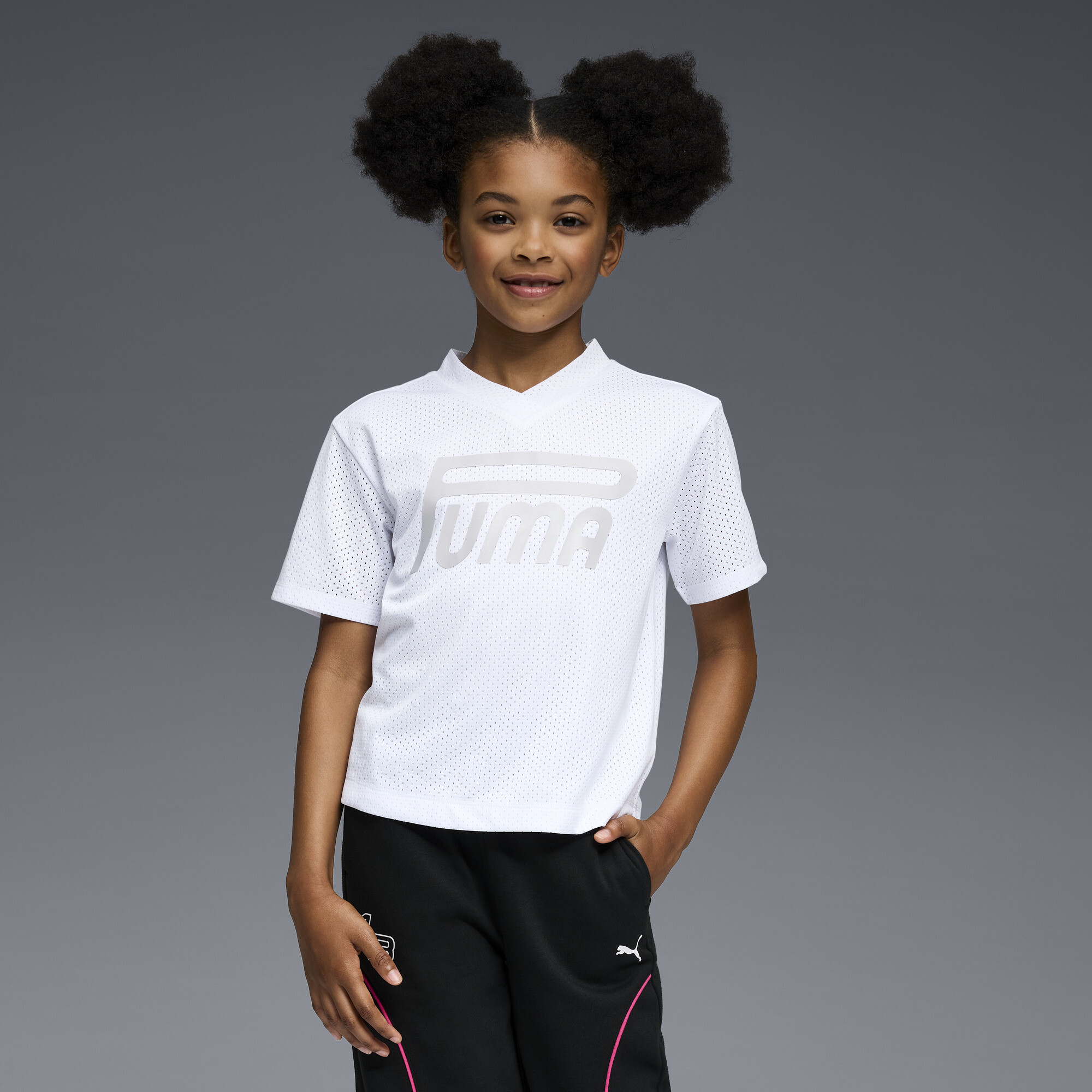 PUMA Star Drive Big Kids' Mesh Oversized T-Shirt in White, Size S