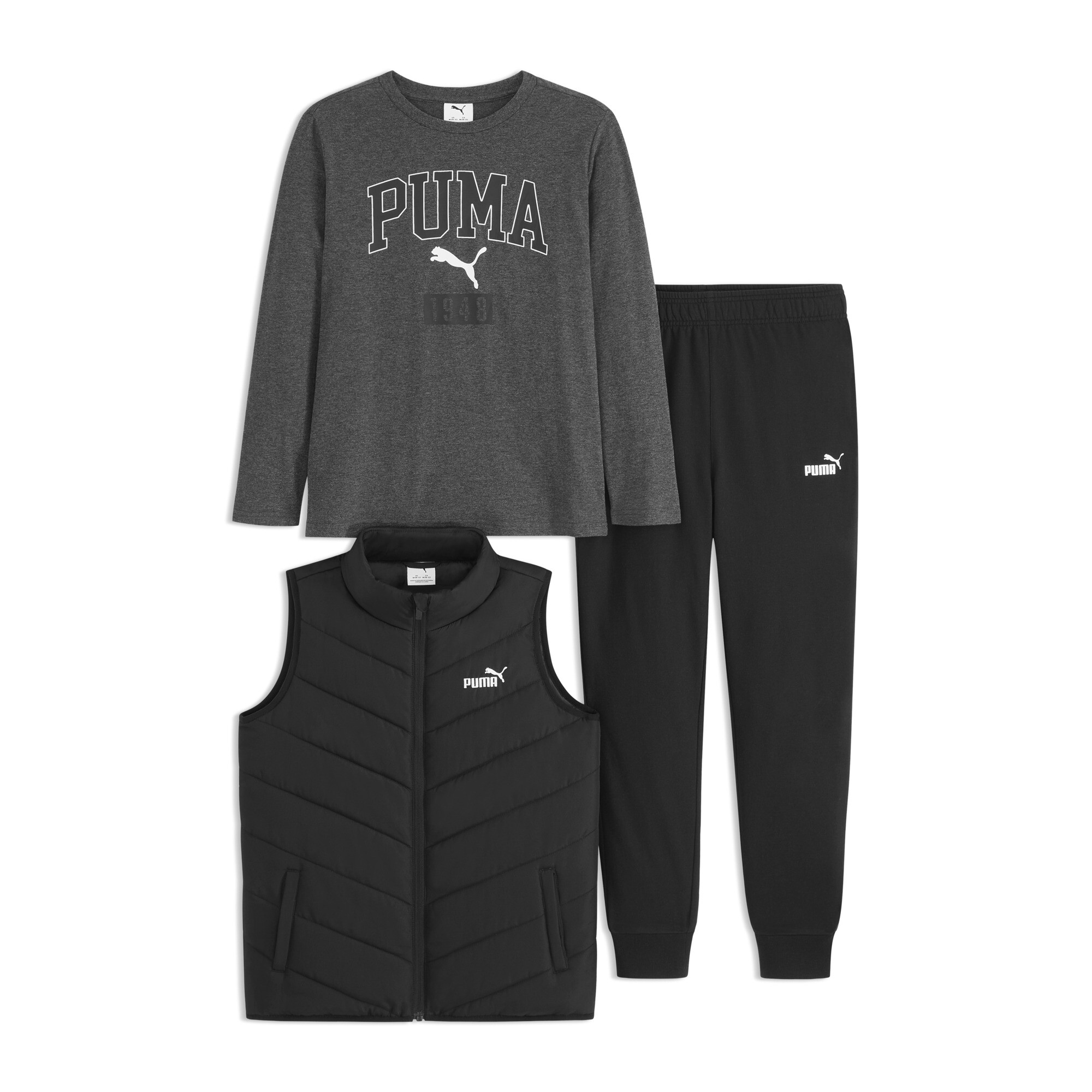 PUMA Matching Sets Toddlers' Vest, Long Sleeve T-Shirt and Fleece Joggers Pant in Black, Size 3T