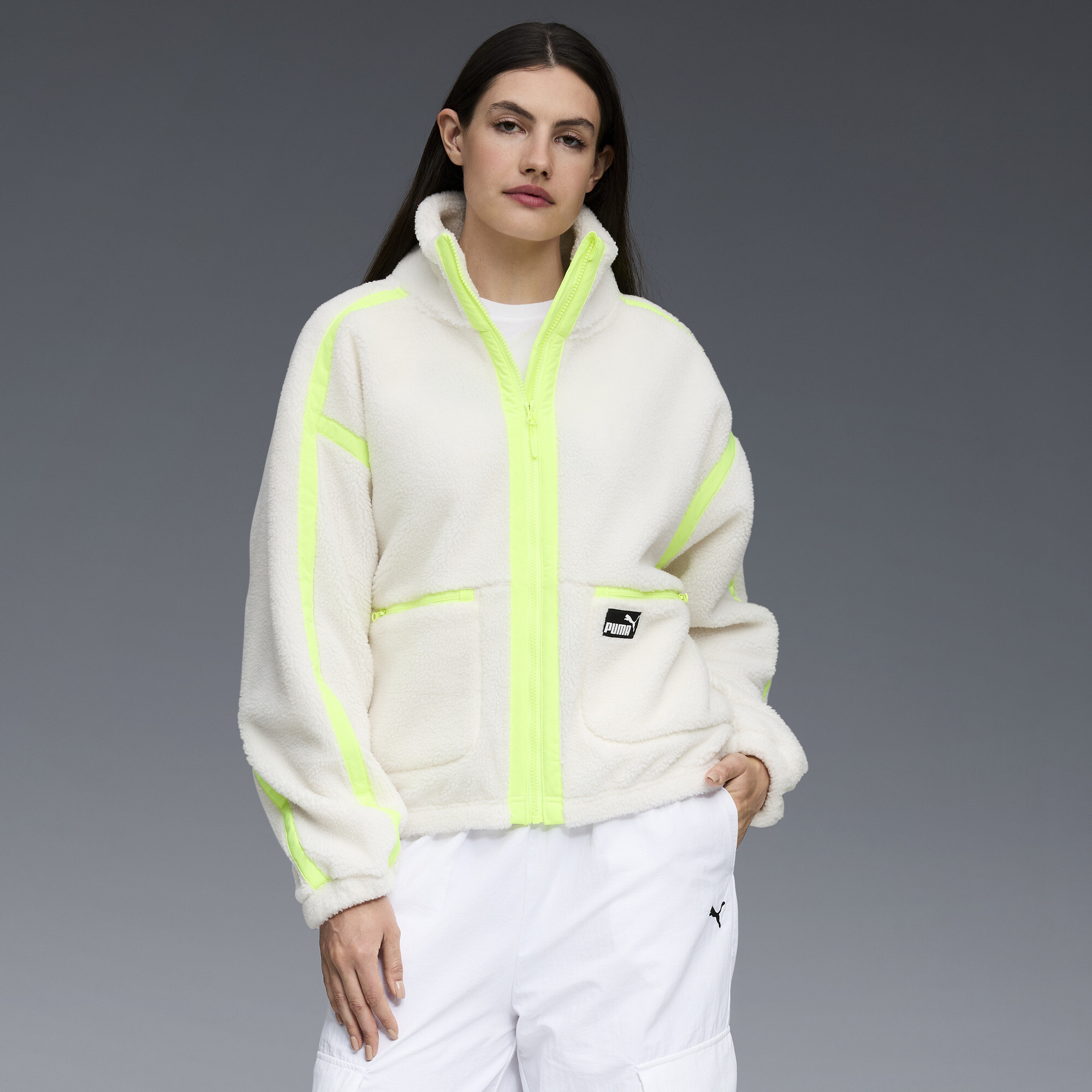 Puma Sherpa Fleece Jacket W/ Wove Women In Neutral