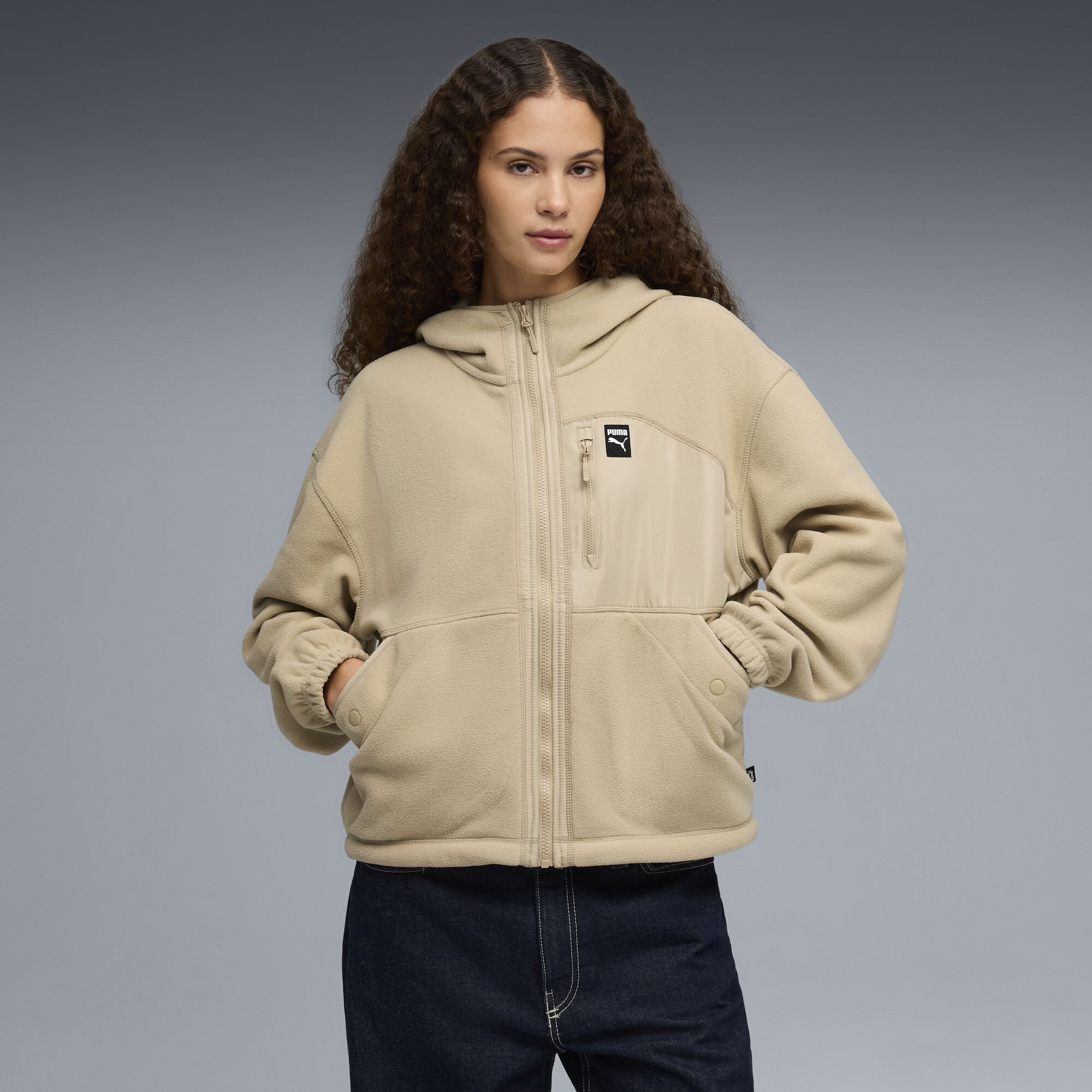 PUMA Polar Fleece Women's Hooded Fleece Jacket in Beige, Size XL