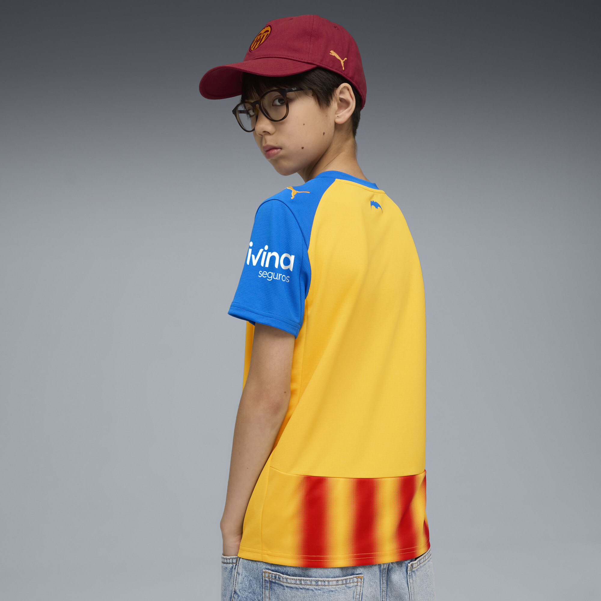 PUMA Valencia CF 25/26 derde shirt, Rood/Geel, Maat 9-10Y thumbnail 4