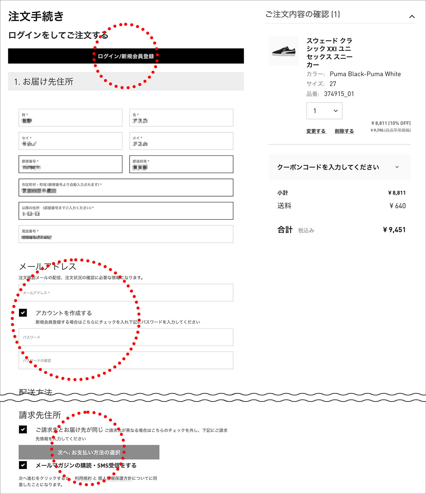 注文情報を入力し、お支払い方法選択のページへ進んでください。